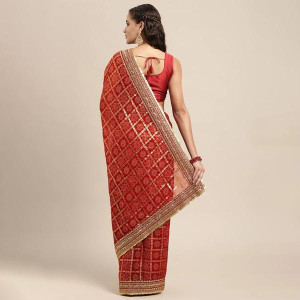 Red and Golden Sequinned Bandhani Saree