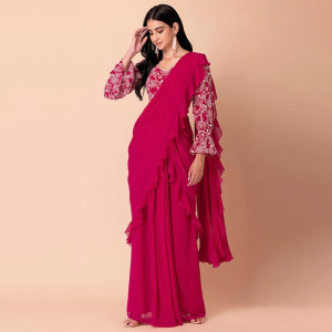 X Ridhi Mehra Pink Ruffled Pre-Stitched Saree
