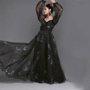 Black & Blue Power Shoulders Floral Printed Maxi Dress