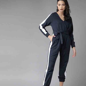 Women Navy Blue & White Pure Cotton Side Taping Basic Jumpsuit