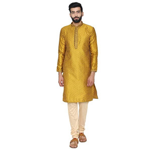 Manyavar Men's Yellow Full Sleeve Regular Fit Designer Kurta & Churidar Set