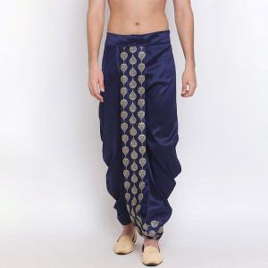 "Men Navy Blue Embroidered Dhoti "