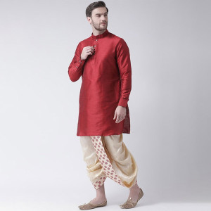 "Men Cream-Coloured & Red Printed Dupion Silk Dhoti "
