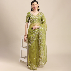 Green & Gold Floral Sequinned Organza Saree