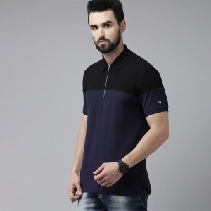 Men Navy Blue Striped Polo Collar Pure Cotton T-shirt