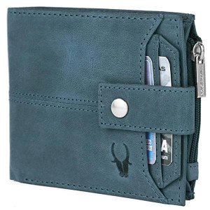 "WILDHORN Top Grain Leather Wallet for Men | Ultra Strong Stitching | Handcrafted | RFID Blocking | Zip Wallet with 9 Card Slots | 2 ID Slots (Blue Hu