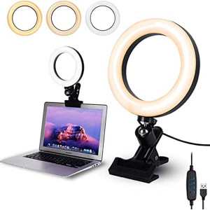 Video Conference Lighting,6.3" Selfie Ring Light with Clamp Mount for Video Conferencing,Webcam Light with 3 Light Modes&10 Level Dimmable for Laptop/