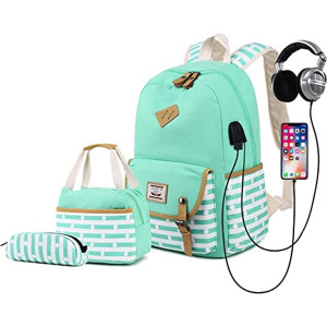 DENZUS Canvas Waterproof Backpack Set for College Girls Women USB Charging Port Fits 14" Laptop Backpack Daypack School Bookbag (Green)