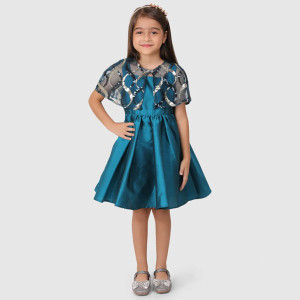 Girls Round Neck Sequined Layered Frock