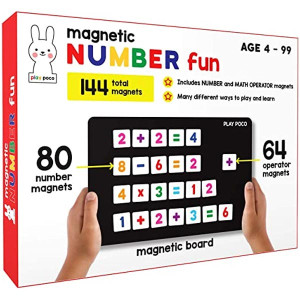 PLAY POCO Magnetic Number Fun - with 80 Number Magnets, 64 Operator Magnets, Magnetic Board and Equation Book - Learn Numbers, for Counting and Simple