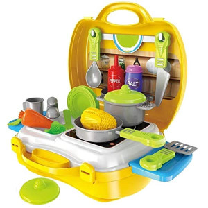 Cable World Plastic Luxury Kitchen Set Cooking Toy with Briefcase and Accessories (Yellow)