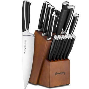 Knife Set, Emojoy 15 Piece Kitchen Knife Set with Block Wooden, German Stainless Steel Sharp Chef Knife Set with Sharpener