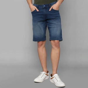 Men Navy Blue Washed Slim Fit Denim Shorts