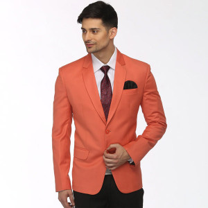 Men Orange Solid Slim-Fit Single-Breasted Formal Blazer
