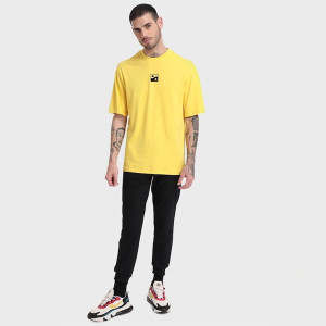 Men Yellow Typography Printed Drop-Shoulder Sleeves Loose Cotton T-shirt
