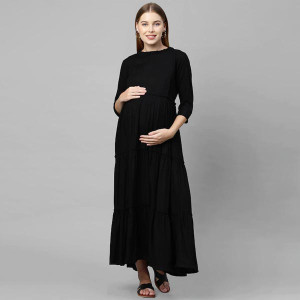 Women Black Solid Maxi Maternity Nursing Dress