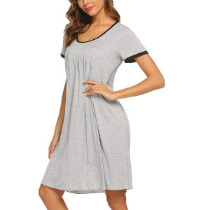 Ekouaer Women's Nightgown Short Sleeve Sleepwear Comfy Sleepshirts Pleated Scoopneck Nightshirt