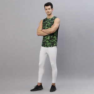 Men Green Camouflage Round Neck Sleeveless Activewear T-Shirt Vest