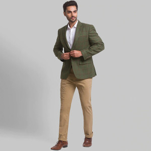 Men Green Checked Single Breasted Blazers