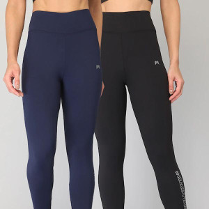 Women Black & Blue Solid High Waist Gym Tights Pack Of 2