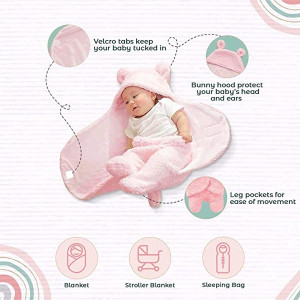 MY NEWBORN 2Pcs Baby Boy's Baby Girl's 3 in 1 Fleece Hooded Blanket Wrapper | 0 to 12Months Hooded Sleeping Bag Swaddle for Infants | Toddler Wrapper
