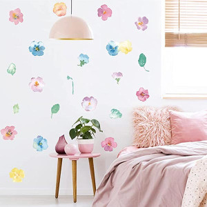 Flower Wall Stickers, Watercolor Flower Wall Decals Vinyl Peel and Stick Aesthetic Wall Stickers for Girls Bedroom Daycare Classroom Playroom