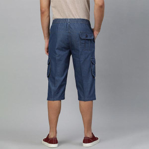 Men Navy Blue Solid Pure Cotton Denim 3/4th Cargo Shorts