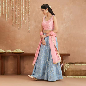 Gajra Gang by Nykaa Fashion Bani Pink and Blue Crop Top With Skirt and Dupatta