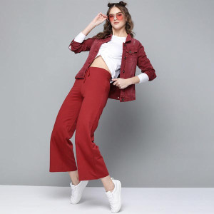 Women Red Solid High-Rise Cropped Wide Leg Track Pants