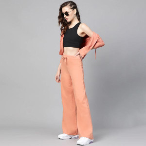 Women Peach-Coloured Solid Wide Leg Track Pants