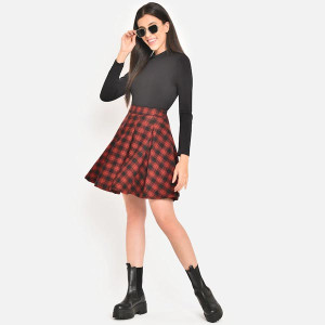 Women Red and Black Checked Box Pleated Wool Mini Skirt