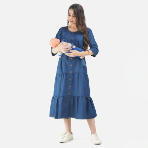 Blue Solid Maternity Midi Dress