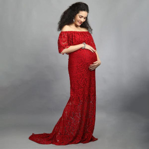 Maroon Off-Shoulder Lace Maxi Maternity Dress