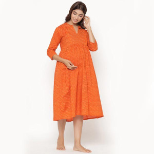Orange Floral Printed Pure Cotton Maternity Midi Dress
