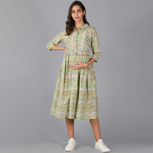 Green Floral Pure Cotton Maternity A-Line Dress