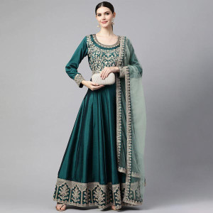 Teal Embroidered Art Silk Semi-Stitched Dress Material