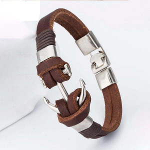 Men Brown Leather Stainless Steel Anchor Stylish Wrist Bracelet For Men
